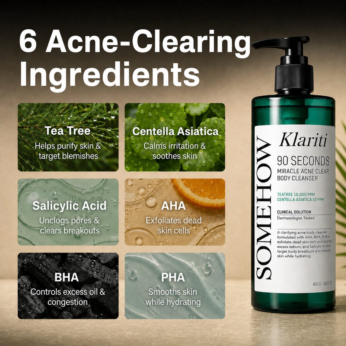 6 acne-clearing ingredients: Tea Tree, Centella Asiatica, Salicylic Acid, AHA, BHA, PHA